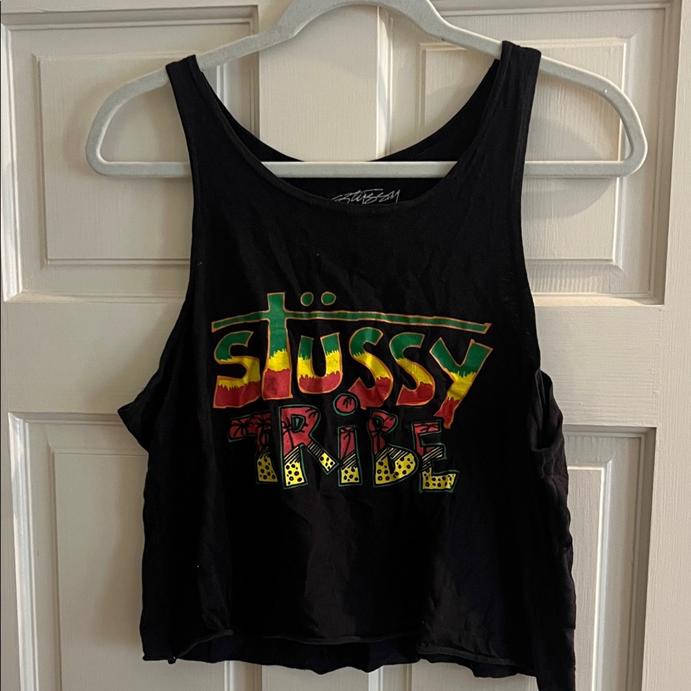 Stussy Black Crop Top with Multicolor Graphic